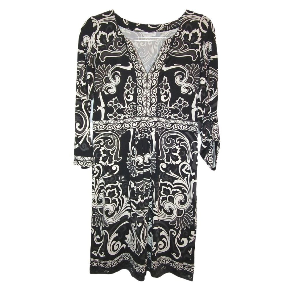 New York Co Black Swirl V-Neck Dress Size M